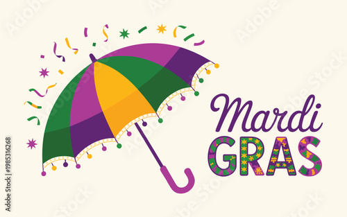 Vibrant Mardi Gras celebration with colorful umbrella and festive decorations outdoors