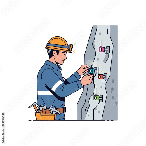 Miner installing sensors on cliff face for geological survey, safety equipment, mining technology concept