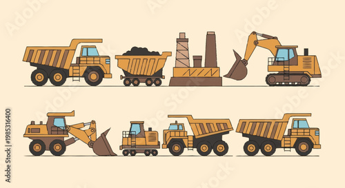 Collection of heavy construction and mining vehicles and industrial buildings.