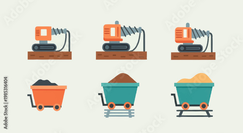 Mining equipment and carts with coal and sand illustration.