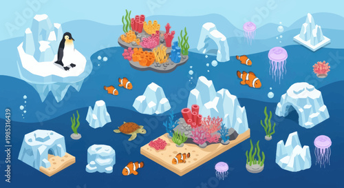 Underwater scene with coral reefs and arctic elements.