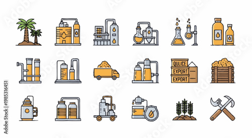 Collection of Industrial Icons Representing Manufacturing and Production.