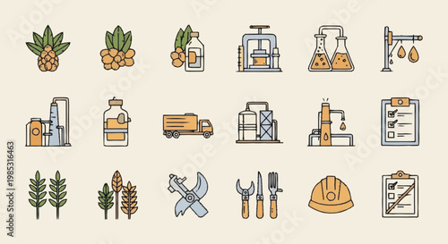 Set of icons representing industrial processes and products.