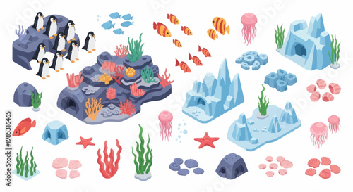 Collection of cute cartoon marine life and arctic animals.