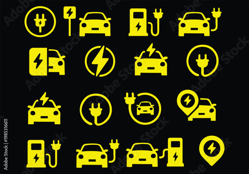 Electric car charging icon set. EV station, plug, socket, hybrid car, green electric car with plug symbol on white background - stock vector.