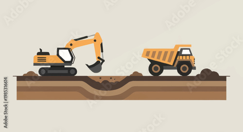 Construction site with excavator and dump truck working.
