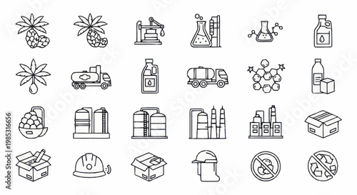 Set of Industrial Icons Representing Oil Gas and Manufacturing Processes.