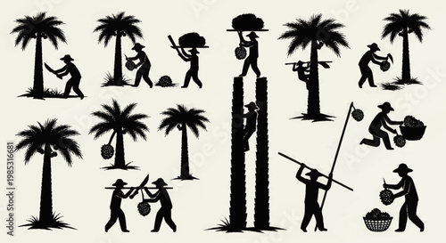 Silhouettes of people harvesting coconuts from palm trees.