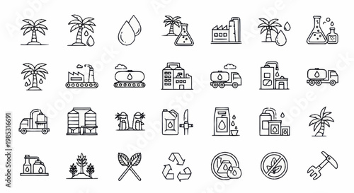 Set of icons representing the oil and gas industry and renewable energy sources.