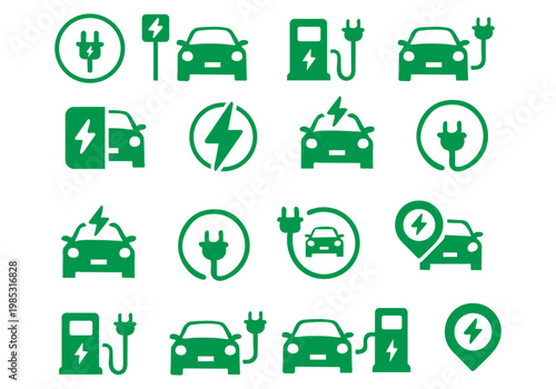 Electric car charging icon set. EV station, plug, socket, hybrid car, green electric car with plug symbol on white background - stock vector.