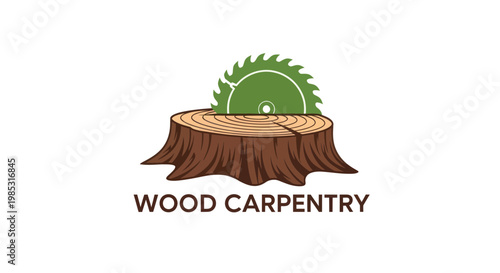 Woodworking Logo: Saw Blade in Tree Stump, Carpentry Symbol