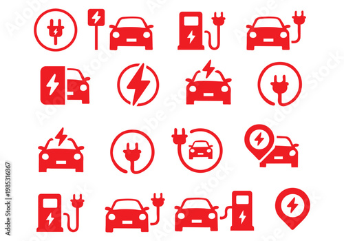 Electric car charging icon set. EV station, plug, socket, hybrid car, green electric car with plug symbol on white background - stock vector.