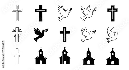 Christian Symbols: Cross, Dove, and Church Icons Set