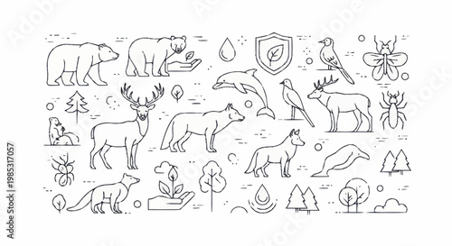 Collection of Wildlife and Nature Icons in Line Art Style.