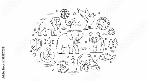 Collection of Outline Icons Representing Animals and Nature Elements.