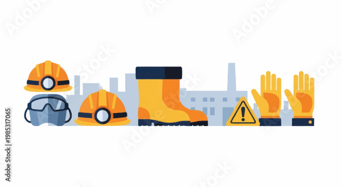 Industrial safety equipment and factory illustration.