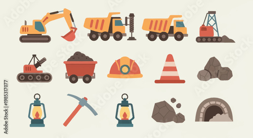 Collection of mining industry equipment and tools illustration.
