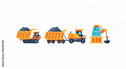 Heavy Construction Vehicles and Mining Equipment Illustration.
