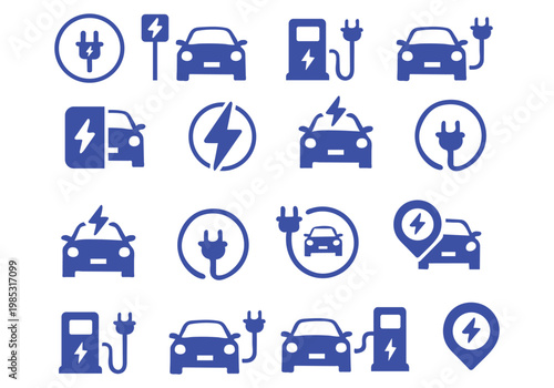 Electric car charging icon set. EV station, plug, socket, hybrid car, green electric car with plug symbol on white background - stock vector.