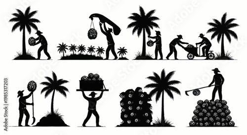 Coconut Harvest Silhouettes Tropical Plantation Workers Gathering Coconuts.