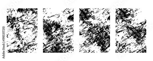 Set of four grunge textures, black distressed overlays on, vector illustration, rough weathered surface effects for design