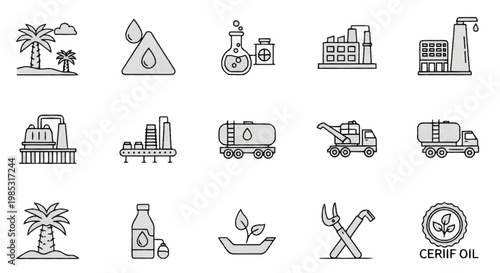 Collection of oil industry and agriculture icons.