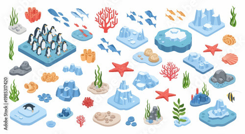 Underwater Scene with Penguins Coral Reef and Fish.