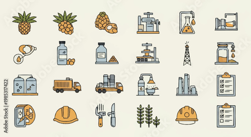 Collection of industrial and agricultural icons and symbols.