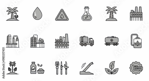 Collection of industrial and ecological icons representing oil and biofuel production.