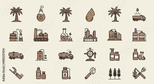 Collection of Industrial Icons Representing Oil and Gas Industry.