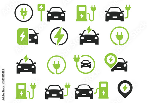 Electric car charging icon set. EV station, plug, socket, hybrid car, green electric car with plug symbol on white background - stock vector.