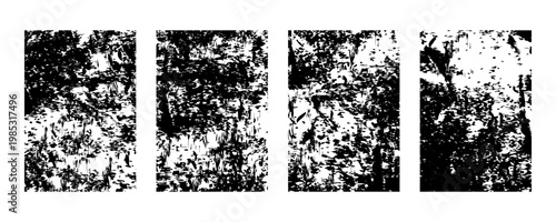 Set of four abstract grunge textures black and white distressed overlays vector illustration of rough surface patterns for design elements