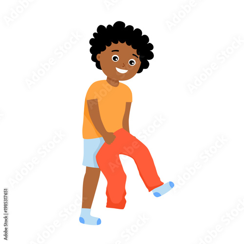 Cute boy kid wearing pants himself in flat design on white background.