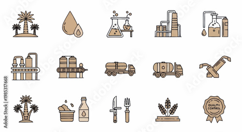 Collection of icons representing palm oil production and processing industry.