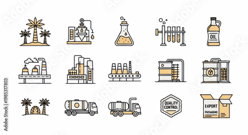 Industrial Icons Representing Manufacturing and Production Processes.