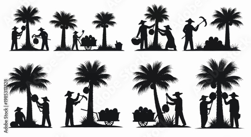 Farmers Harvesting Coconuts Under Palm Trees Silhouette Collection.