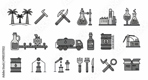 Collection of Industrial Icons Representing Oil and Gas Industry.