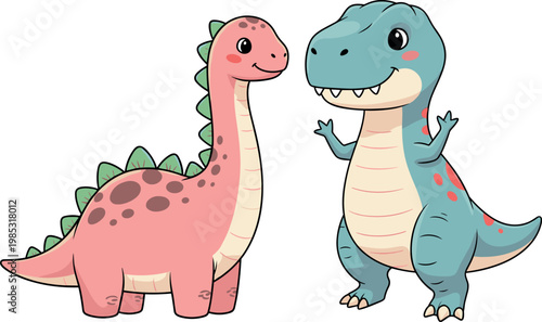 Cute Brachiosaurus and Tyrannosaurus Rex Dinosaur Friends Cartoon Characters for Childrens Education, Prehistoric Animal Graphics, Nursery Wall Decor, and Jurassic Vector Design