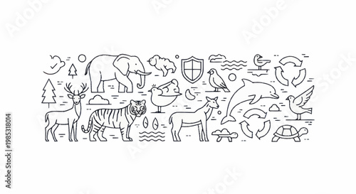 Collection of diverse animal line art illustrations with nature elements.