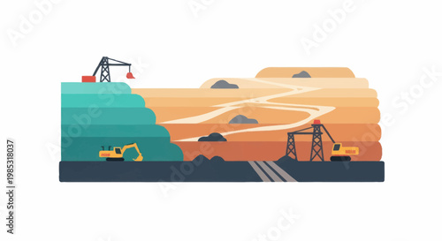 Open pit mine with excavators and cranes working.