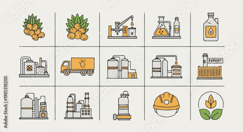 Industrial Icons Representing Manufacturing and Production Processes.