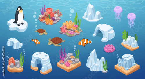 Underwater Scene With Penguin Coral Reefs And Ice Formations.