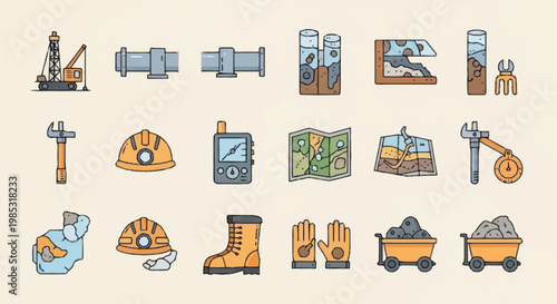 Collection of mining industry equipment and tools icons.