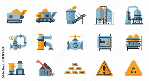 Industrial equipment and machinery icons set.
