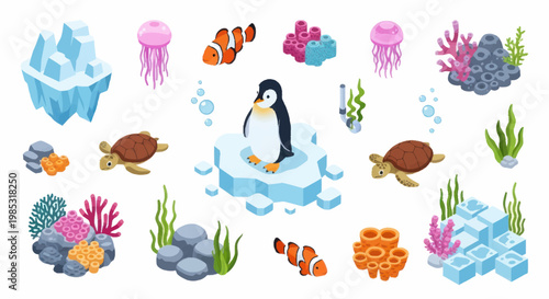 Cute cartoon arctic and ocean animals and underwater elements.