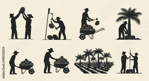 Farmers Harvesting Coconuts and Fruits in a Tropical Plantation.