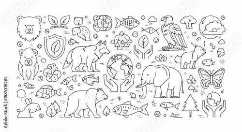 Collection of hand-drawn nature and wildlife illustrations in black and white.