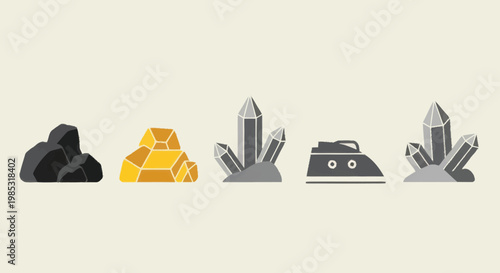 Collection of raw materials and minerals icons.