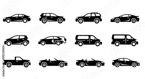 Collection of black car silhouettes on a white background.