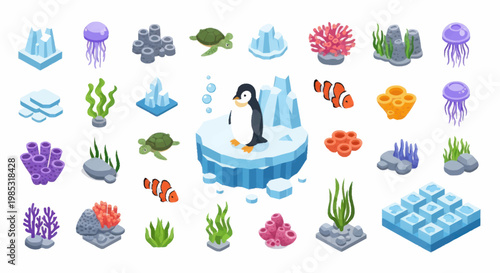 Cute Penguin and Ocean Life Elements Collection.